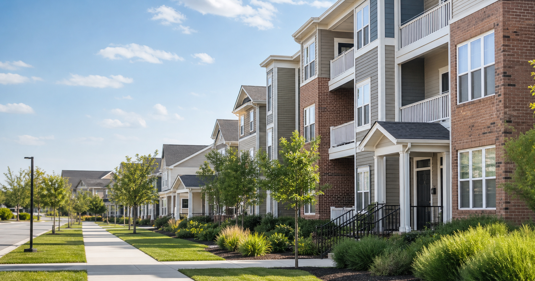 Clean multifamily housing community with apartments, homes, sidewalks, and landscaping
